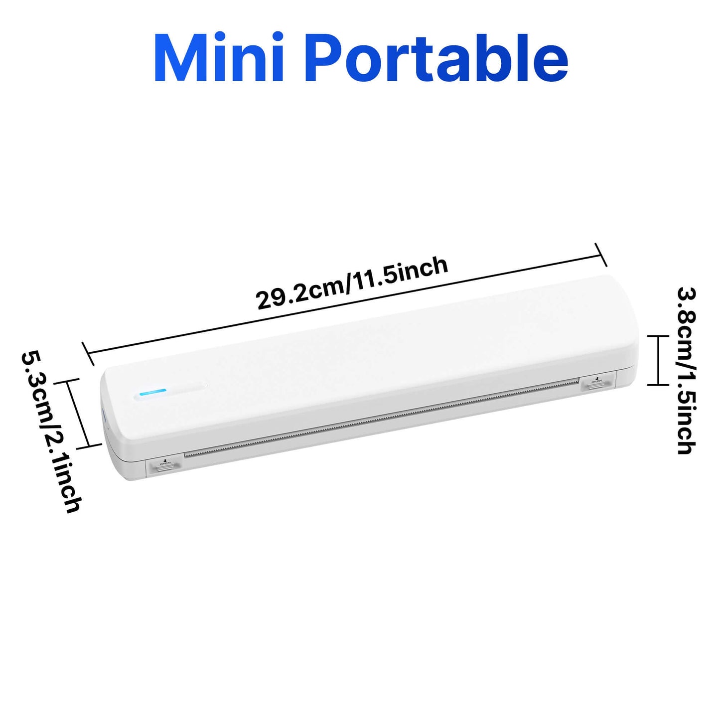 Mini Portable design of a portable wireless travel printer with dimensions displayed
