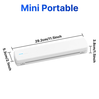 Mini Portable design of a portable wireless travel printer with dimensions displayed