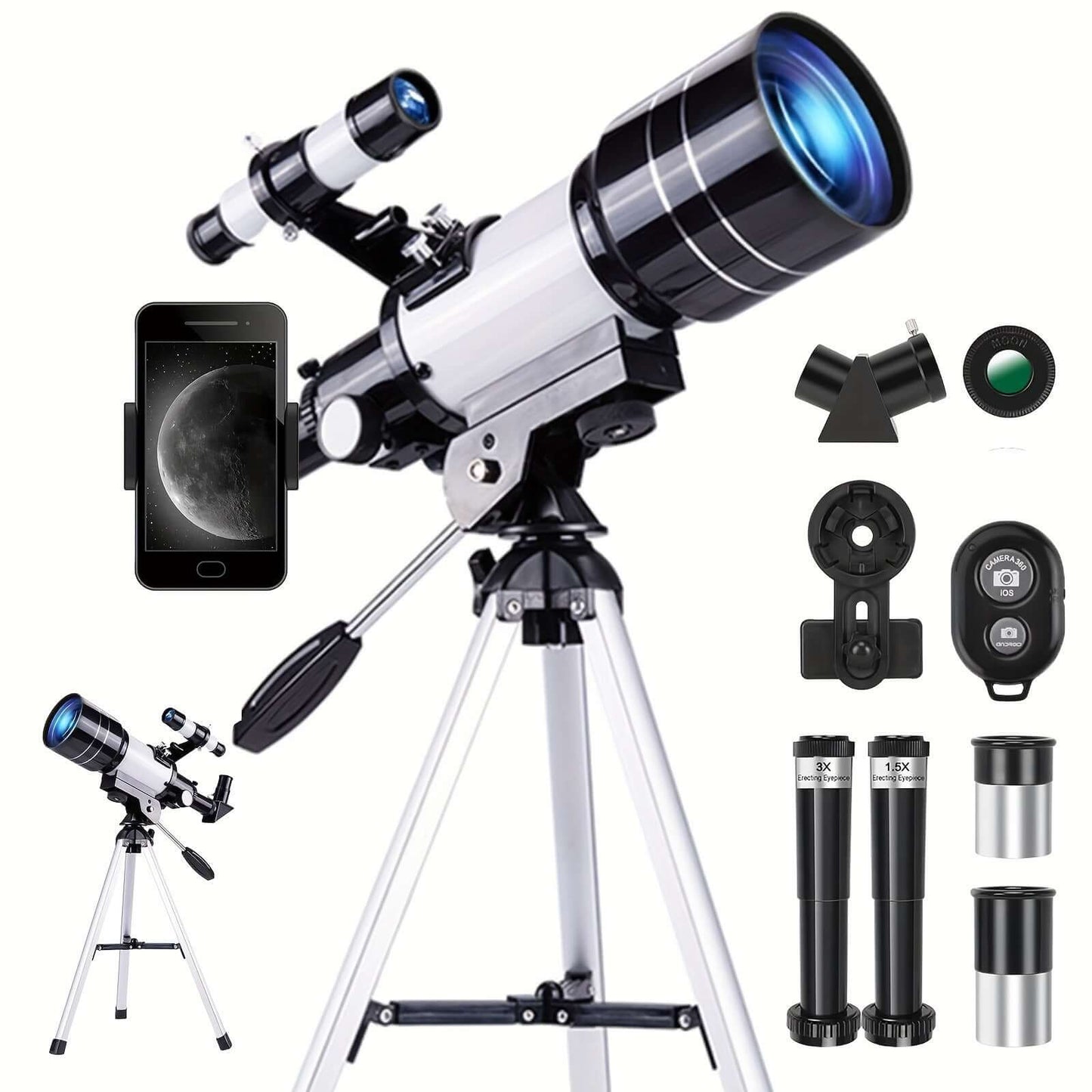 portable 150X telescope with tripod and smartphone holder for astrophotography and star gazing.