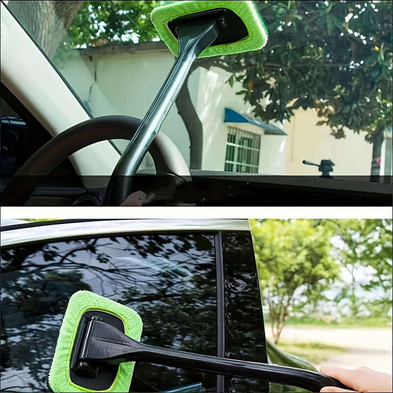 Car window cleaning brush kit with green microfiber pad being used on a car window for effective cleaning.