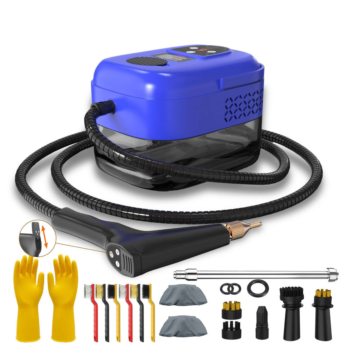 high pressure handheld steam cleaner with accessories including gloves, brushes, and nozzle attachments.