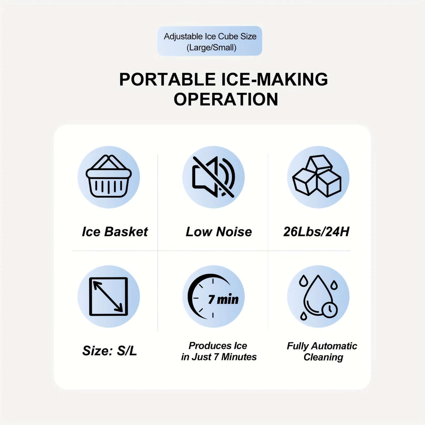 Features of portable ice maker with handle, including adjustable ice size, low noise, fast ice production, and automatic cleaning.