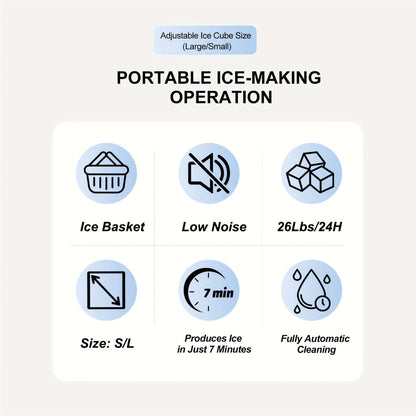 Features of portable ice maker with handle, including adjustable ice size, low noise, fast ice production, and automatic cleaning.