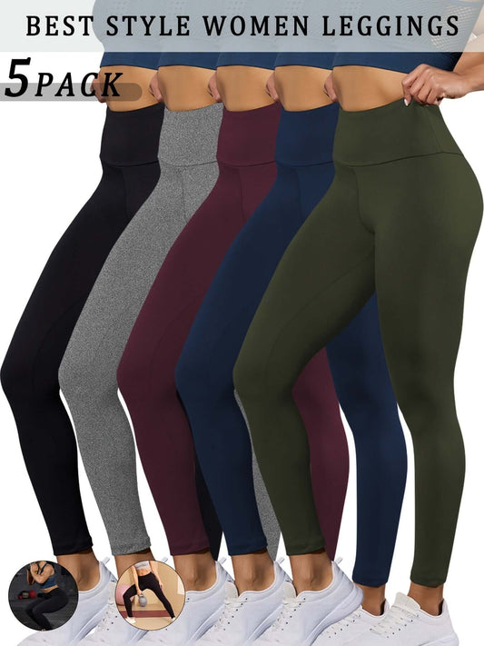 High waisted tummy control leggings in a 5 pack with various colors and styles for comfortable fit.