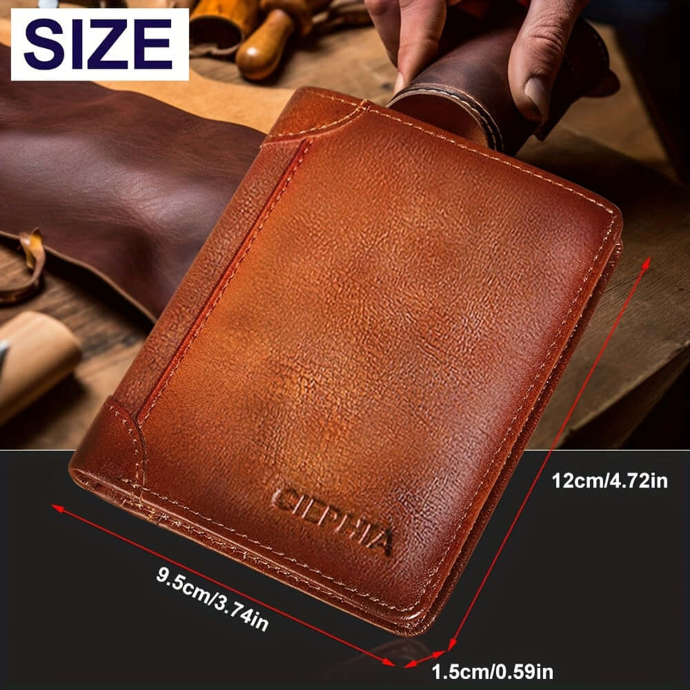 RFID leather wallet for men with size dimensions, showing premium leather and craftsmanship.