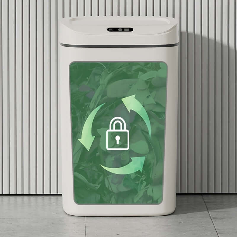motion-sensor trash can specifications with a secure lock design and recycling graphics.