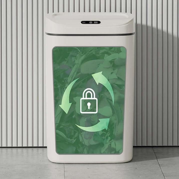 motion-sensor trash can specifications with a secure lock design and recycling graphics.