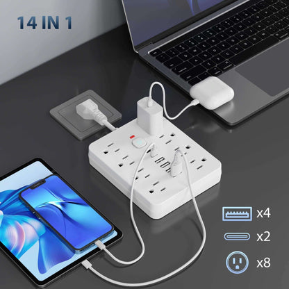 heavy-duty power strip surge protector with multiple outlets and USB ports, ideal for charging devices.