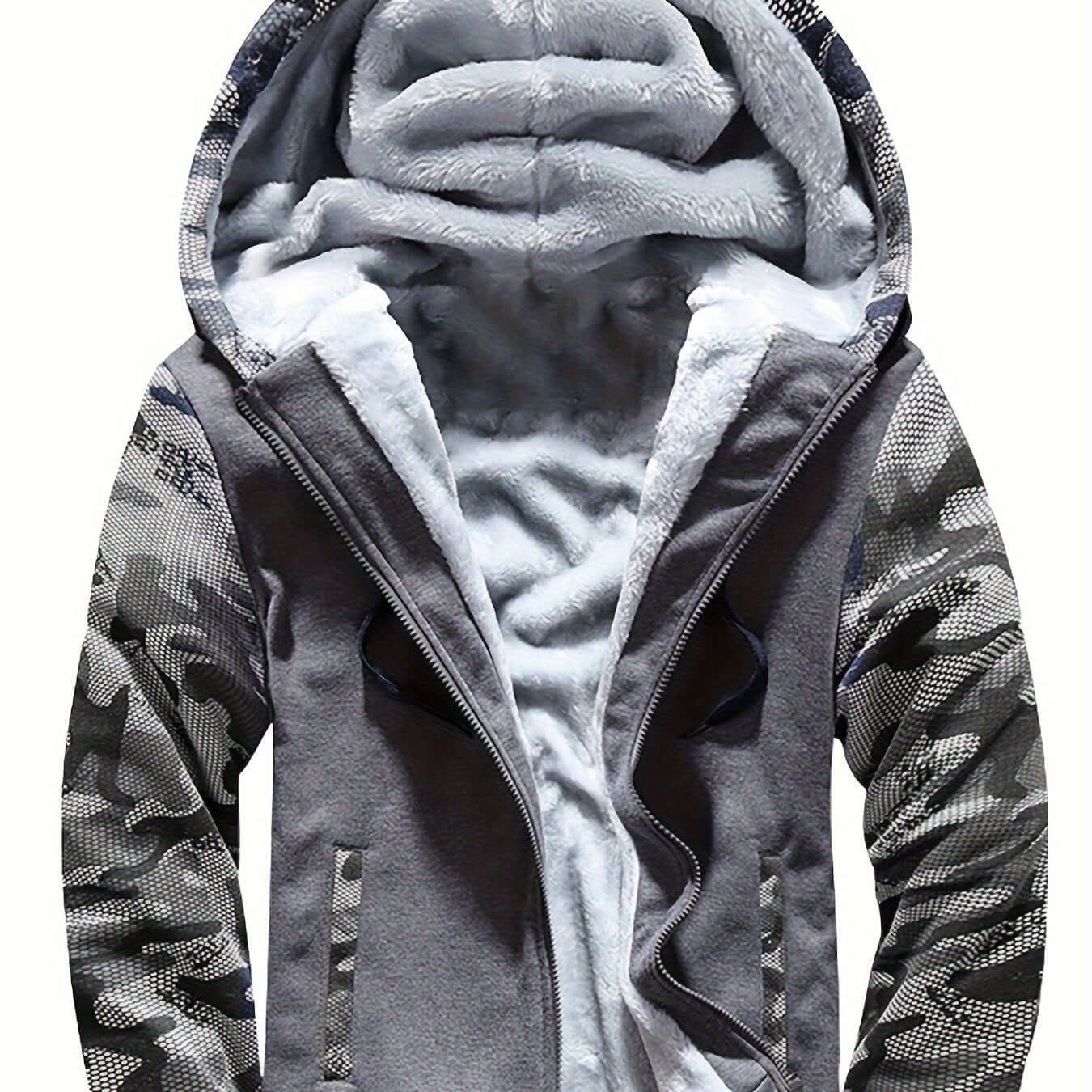 Men's hooded jacket specifications with gray and camouflage design featuring soft lining and zippered pockets.