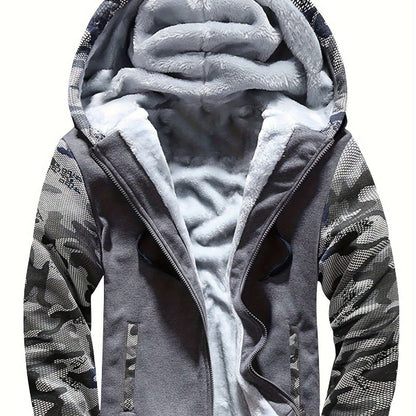 Men's hooded jacket specifications with gray and camouflage design featuring soft lining and zippered pockets.
