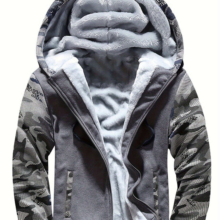 Men's hooded jacket specifications with gray and camouflage design featuring soft lining and zippered pockets.