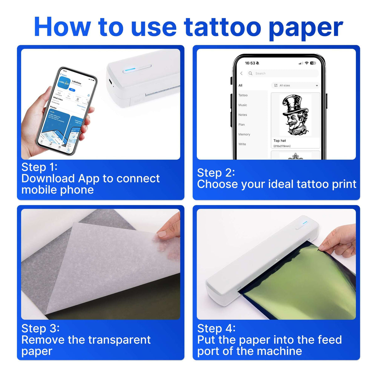 How to use tattoo paper: Step by step instructions with images to connect app, choose print, and prepare the paper.