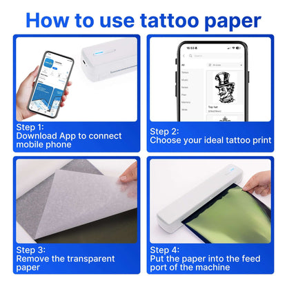 How to use tattoo paper: Step by step instructions with images to connect app, choose print, and prepare the paper.