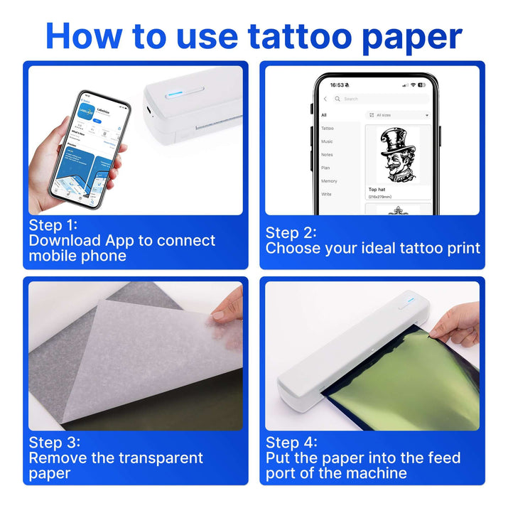 How to use tattoo paper: Step by step instructions with images to connect app, choose print, and prepare the paper.