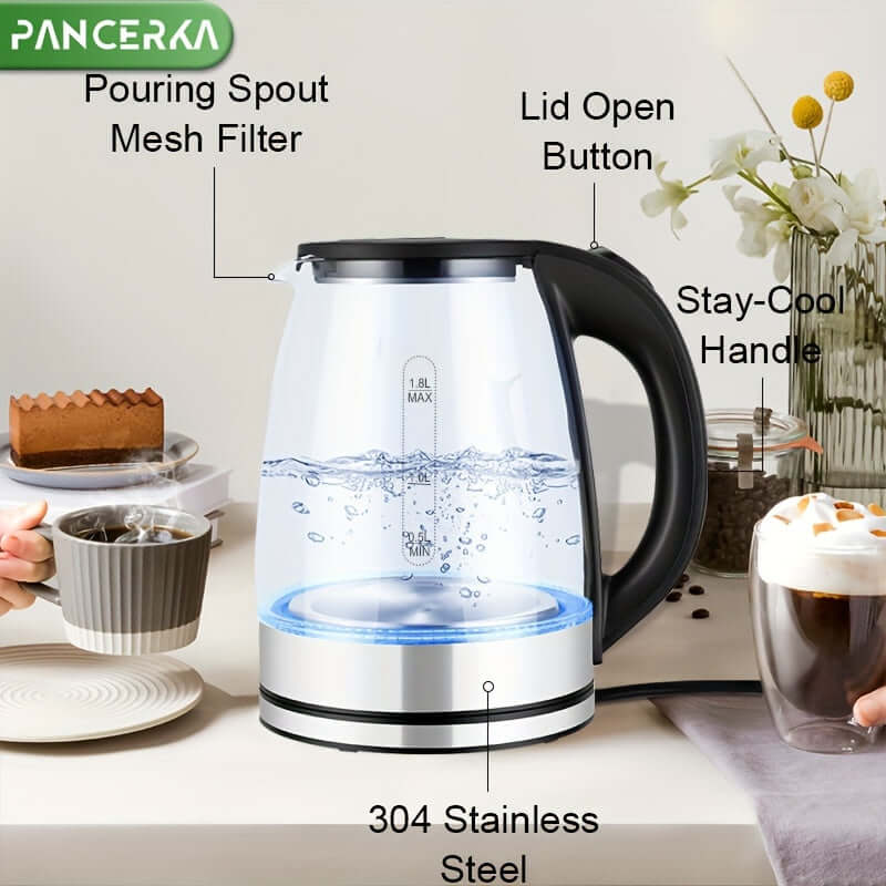electric tea kettle with auto shut off featuring a transparent design, stay-cool handle, and mesh filter.