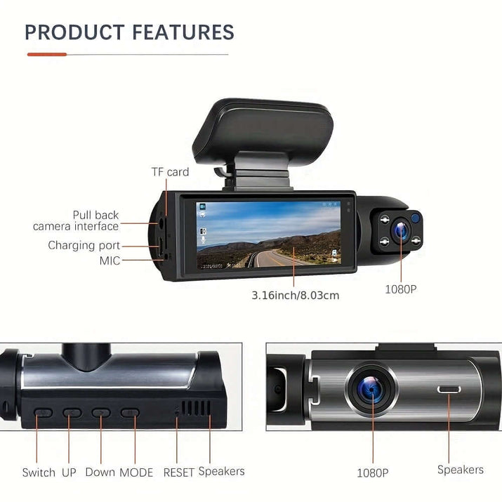 Features of a dual camera dash cam including display, ports, and buttons.