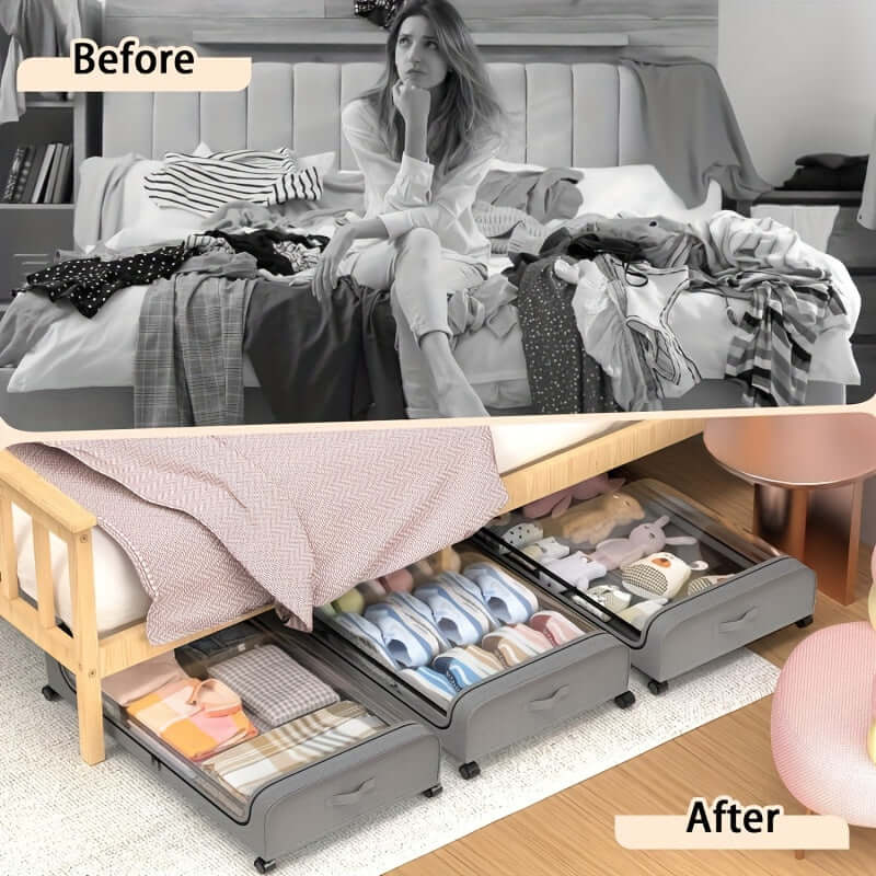 Before and after image showcasing underbed storage bins with wheels organizing clothes under a bed.