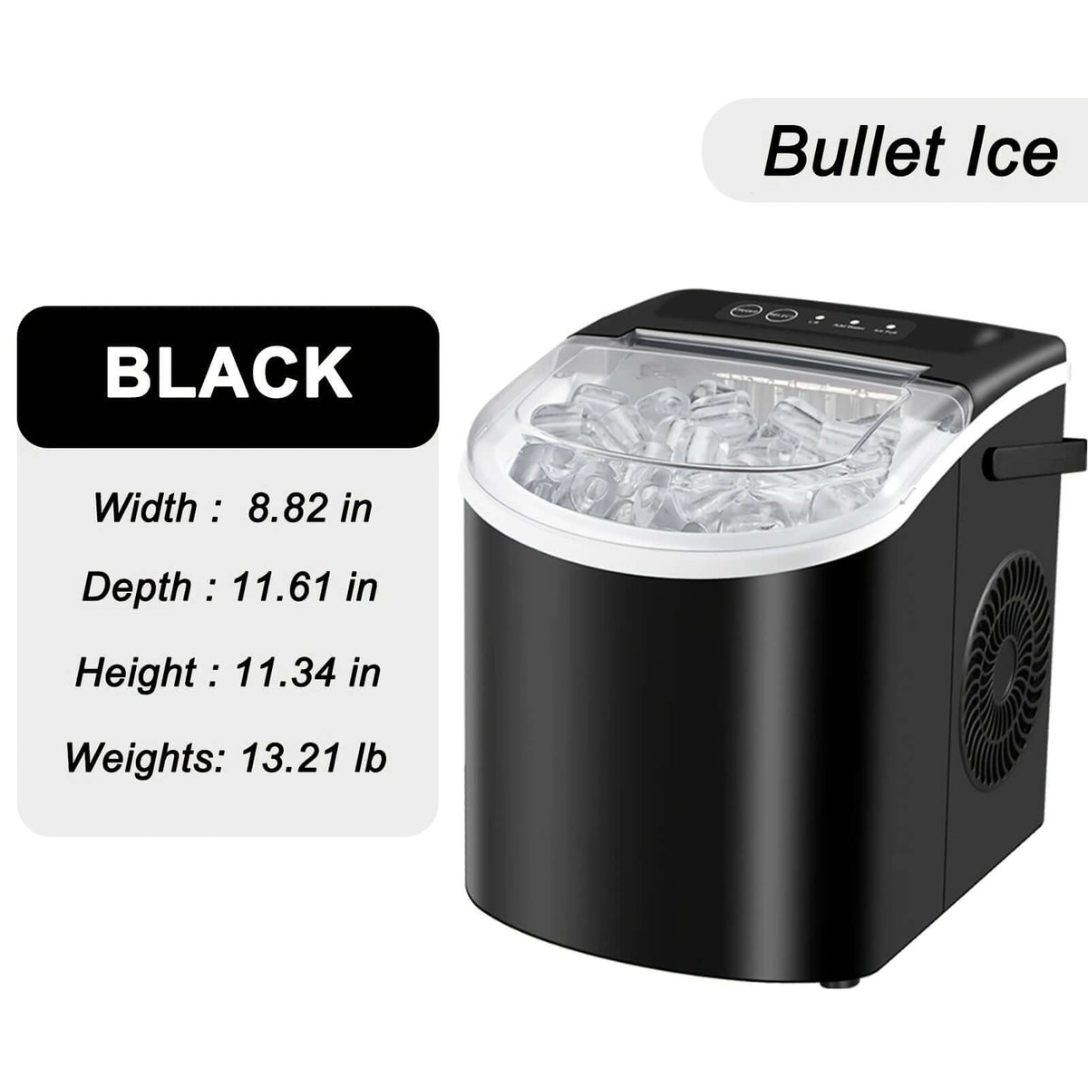 Portable ice maker with handle in black, features dimensions and bullet ice production.