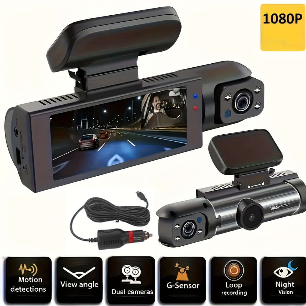 Dual camera dash cam featuring 1080P resolution, motion detection, and night vision for enhanced driving safety.