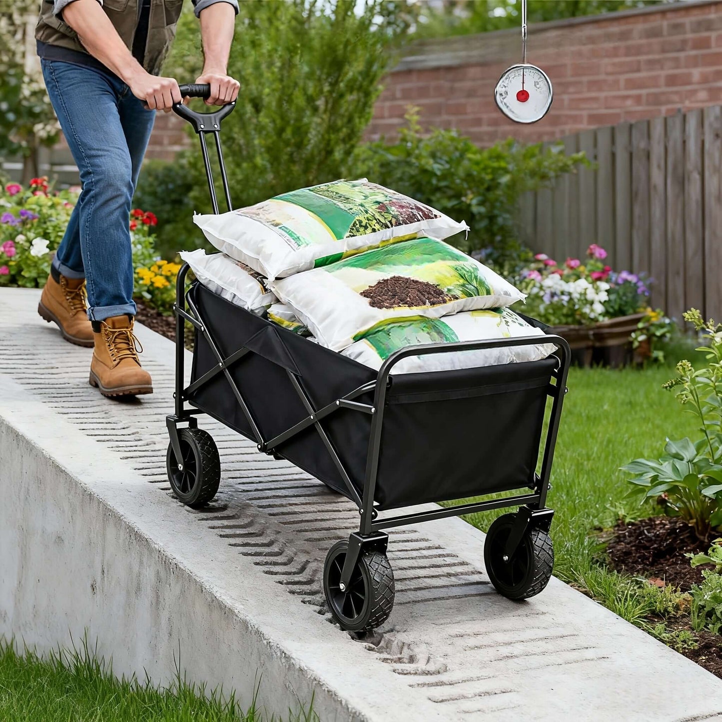 Heavy duty folding cart for outdoor use carrying bags of soil along a garden path.
