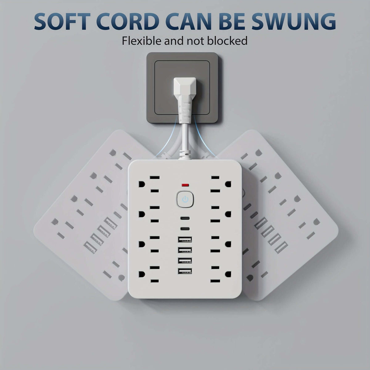 Heavy-duty power strip surge protector with flexible cord design, showcasing multiple outlets and USB ports.