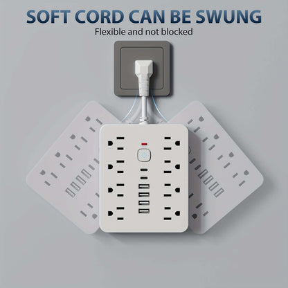 Heavy-duty power strip surge protector with flexible cord design, showcasing multiple outlets and USB ports.
