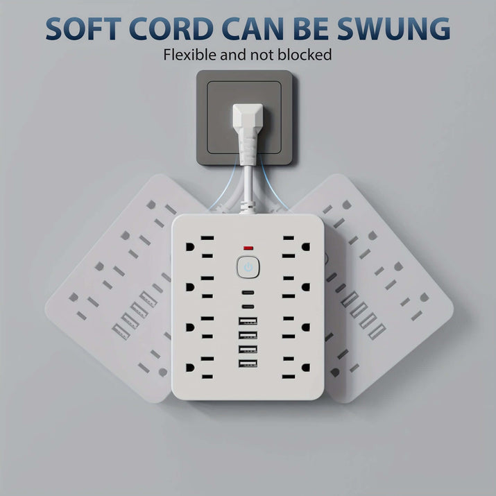 Heavy-duty power strip surge protector with flexible cord design, showcasing multiple outlets and USB ports.