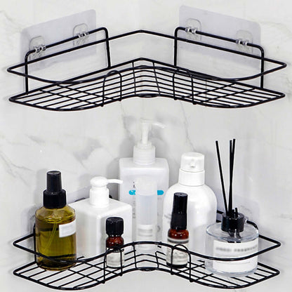 cast iron shower shelf featuring sleek design holding various shower products and toiletries.