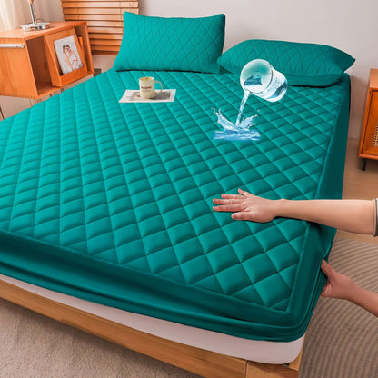 Ultrasonic embossed polyester fabric specifications showcased on a teal mattress cover with a hand and water illustration.