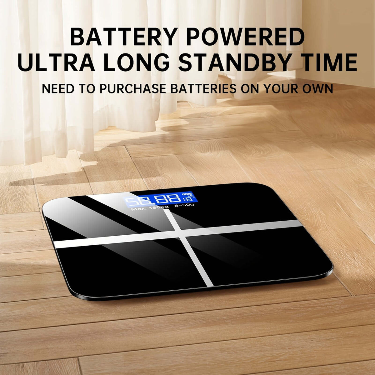 high-precision digital bathroom scale with battery powered ultra long standby time displayed on a wooden floor.