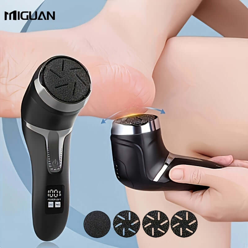 electric foot callus remover for dead skin being used on a foot to remove calluses with interchangeable tips.