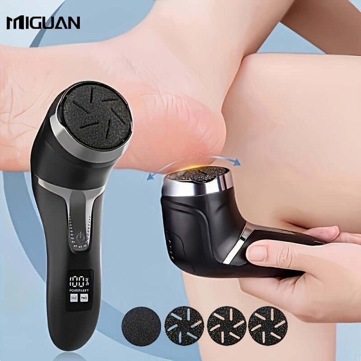 electric foot callus remover for dead skin being used on a foot to remove calluses with interchangeable tips.