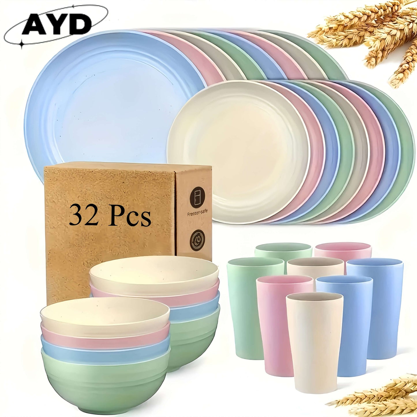Wheat straw dinnerware set featuring 32 lightweight pieces including plates, bowls, and cups in pastel colors.