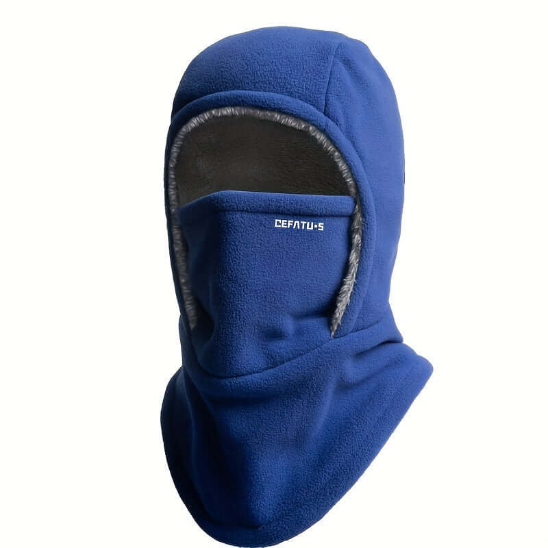 winter balaclava for outdoor sports in blue fleece material with face coverage