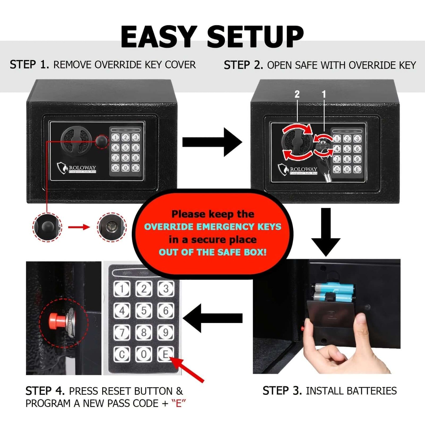 Easy setup guide for heavy-duty fireproof safe with keypad, showing steps to unlock and reset codes.