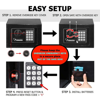 Easy setup guide for heavy-duty fireproof safe with keypad, showing steps to unlock and reset codes.