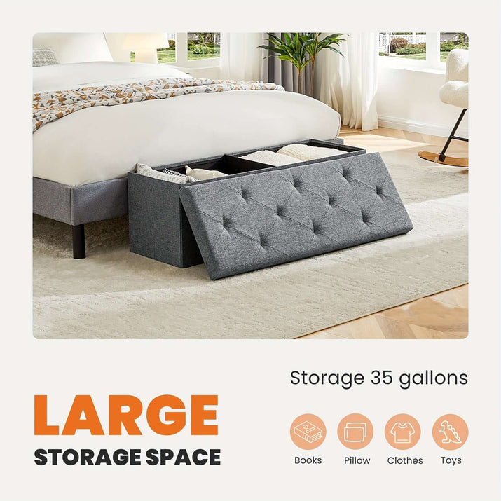 Stylish storage ottoman bench with large storage space for books, pillows, clothes, and toys in a modern bedroom setting.