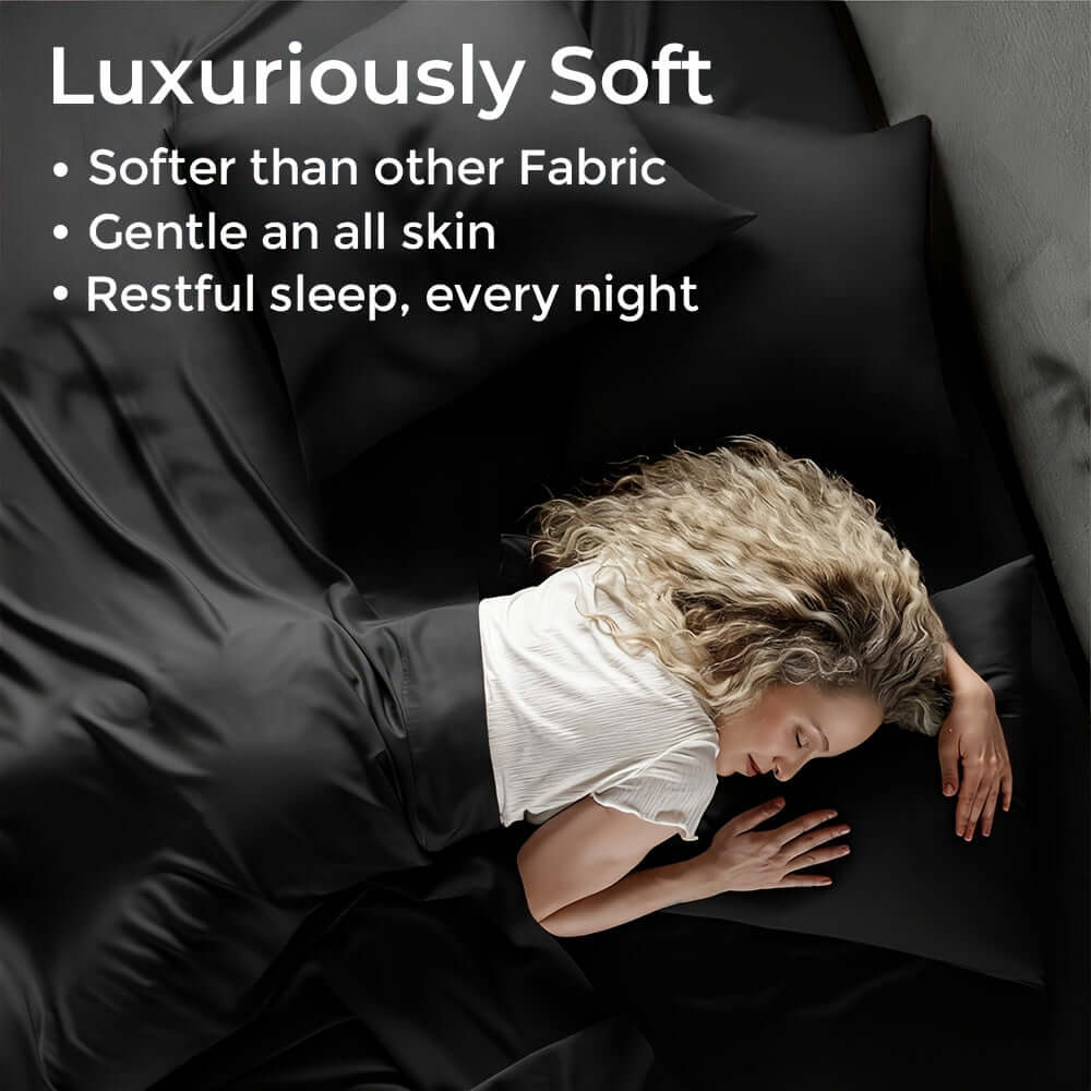 Luxuriously soft person resting on bamboo cooling bedding set, showcasing comfort and restful sleep.