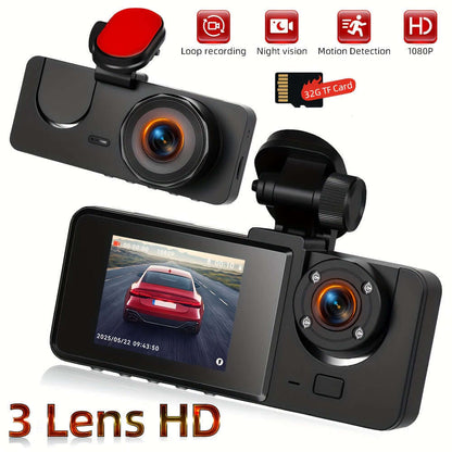 dual camera dash cam featuring HD quality, loop recording, night vision, and motion detection capabilities.