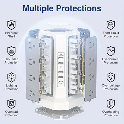 Flat plug power board with USB ports featuring multiple protections such as fireproof shell and overload protection.