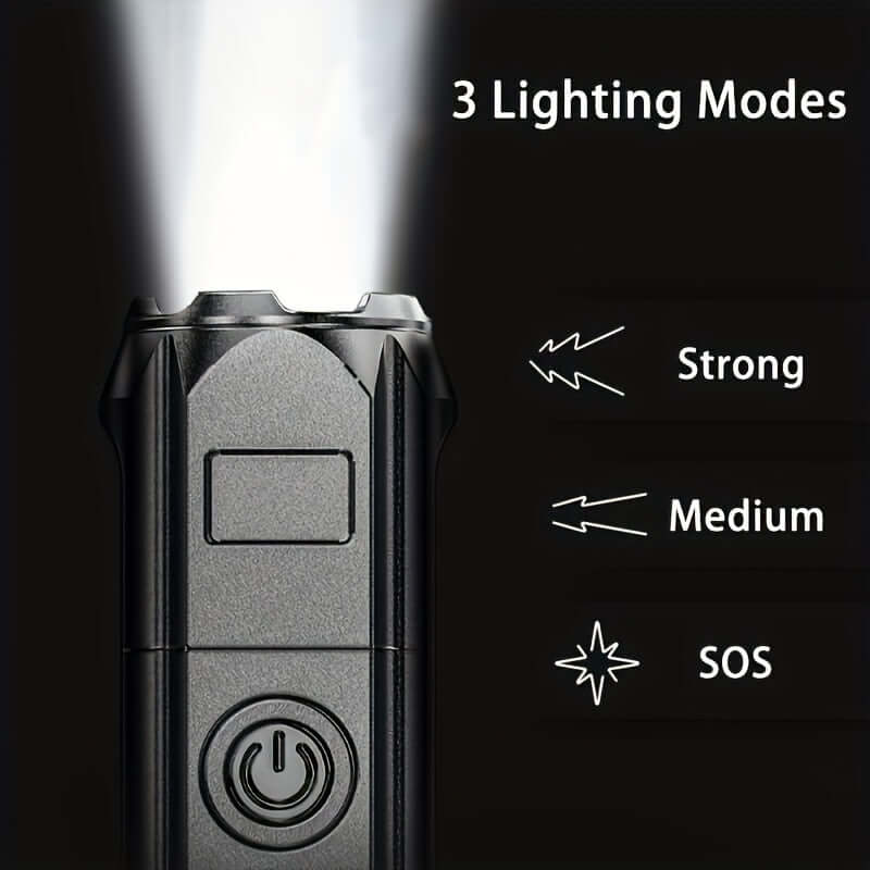high-power zoom flashlight showcasing 3 lighting modes: Strong, Medium, and SOS.