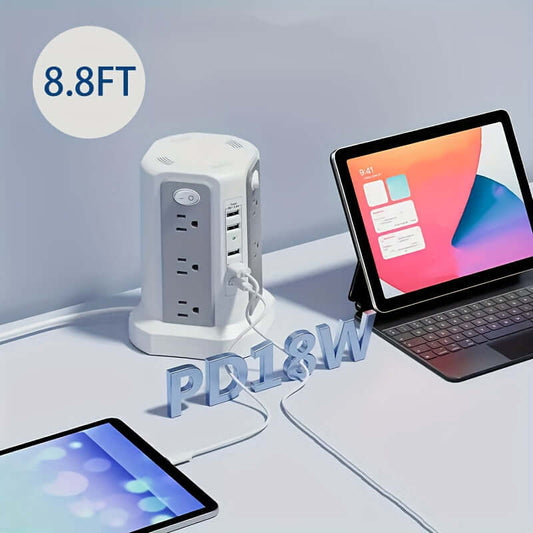 flat plug power board with USB ports connected to a laptop and tablet, featuring an 8.8FT cable length.
