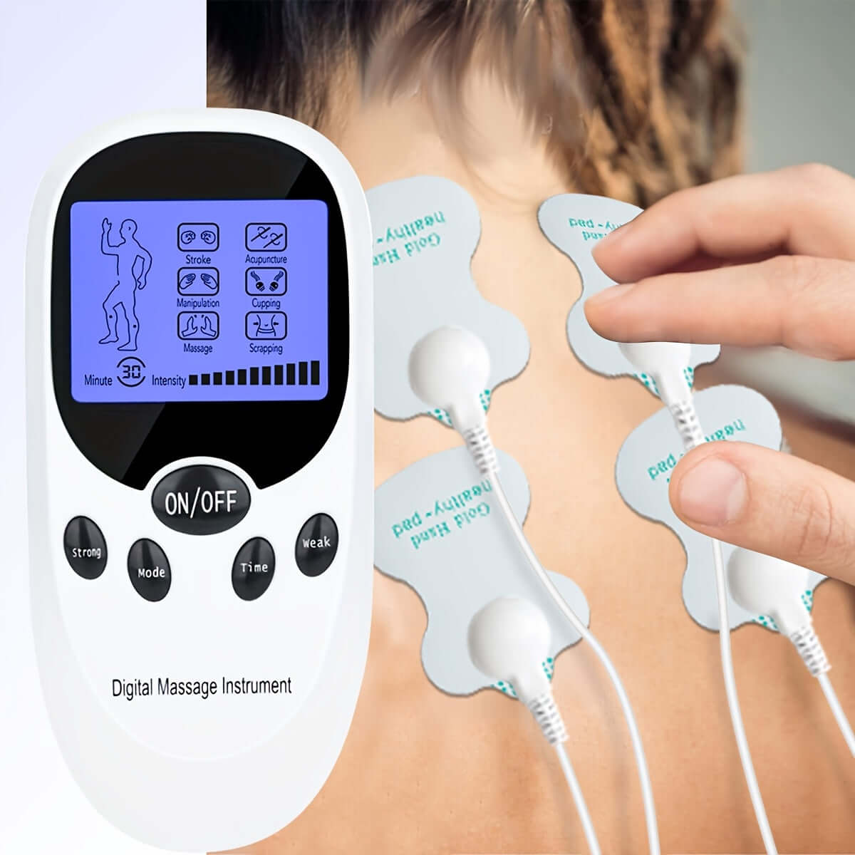 CESLIFF TENS EMS muscle stimulator showing digital interface and electrodes applied on a person's back.