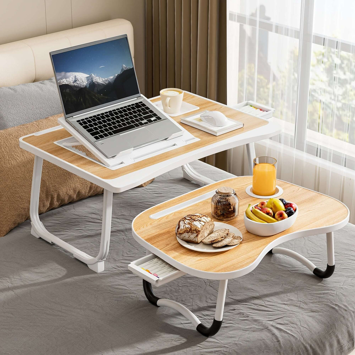 portable laptop bed table with a laptop and breakfast on a cozy bed setting.
