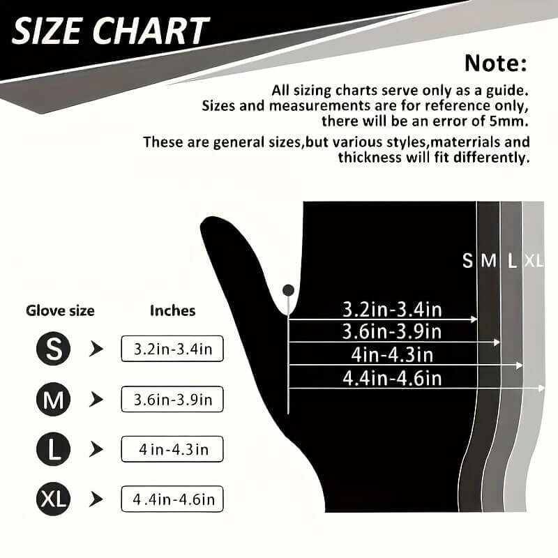 Size chart for disposable nitrile gloves for safety, showing glove sizes S, M, L, and XL with corresponding measurements.