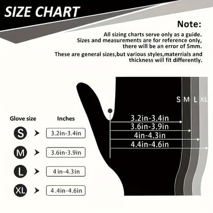 Size chart for disposable nitrile gloves for safety, showing glove sizes S, M, L, and XL with corresponding measurements.
