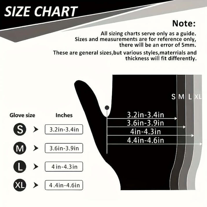 Size chart for disposable nitrile gloves for safety, showing glove sizes S, M, L, and XL with corresponding measurements.