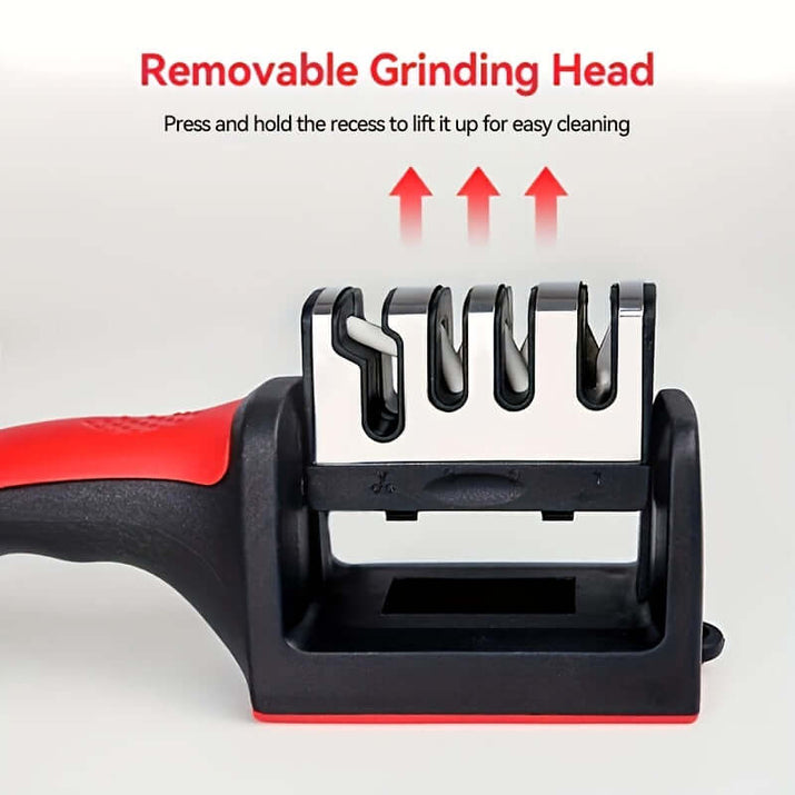 Image of a professional knife sharpener with a removable grinding head for easy cleaning.