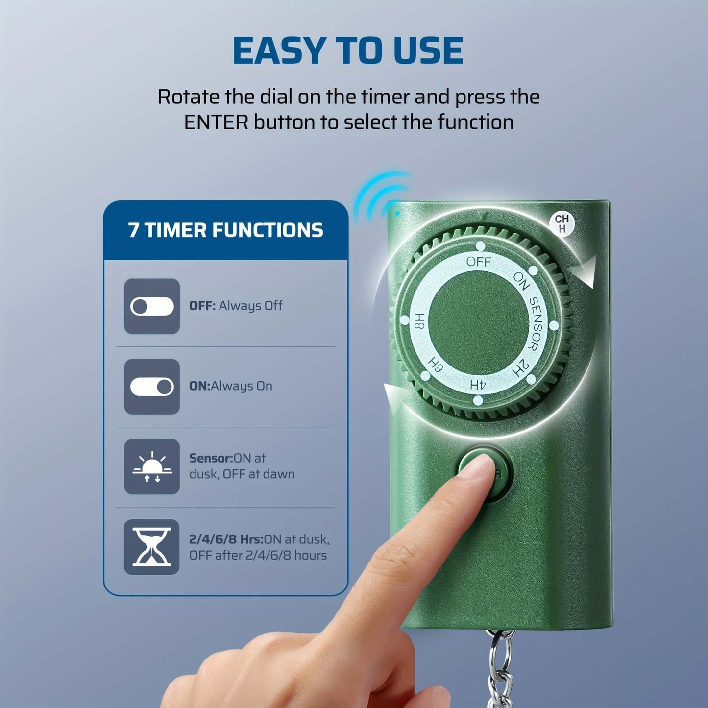 Dewenwils power stake timer for holiday lights showing easy-to-use timer functions and dial.