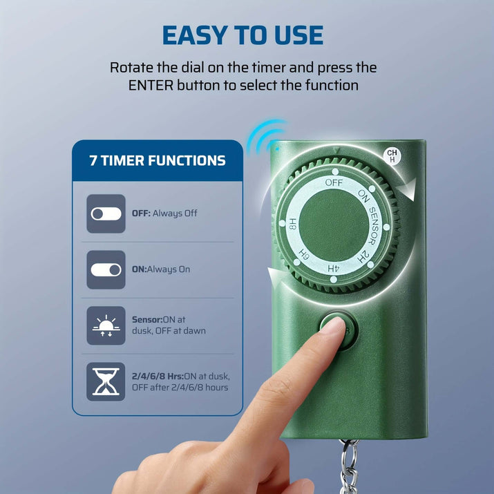 Dewenwils power stake timer for holiday lights showing easy-to-use timer functions and dial.